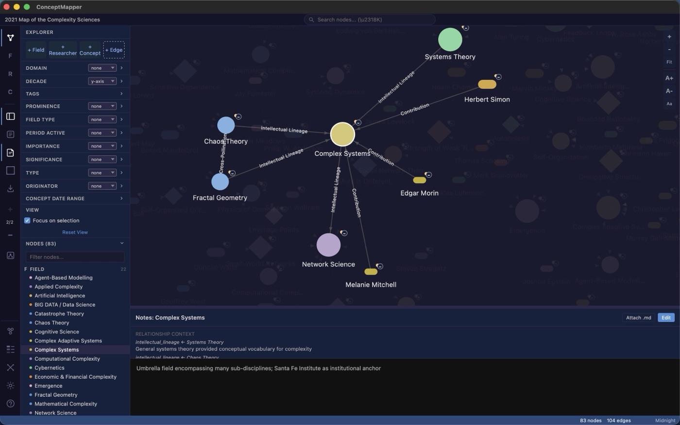A single node selected, its lineage edges highlighted, with the notes pane open below