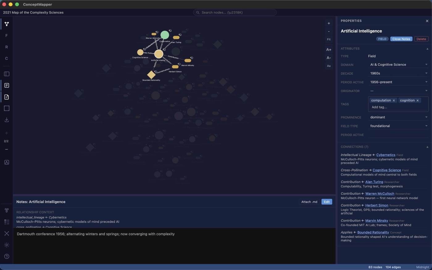 The Properties inspector showing typed attributes, tag pills, and a list of typed connections